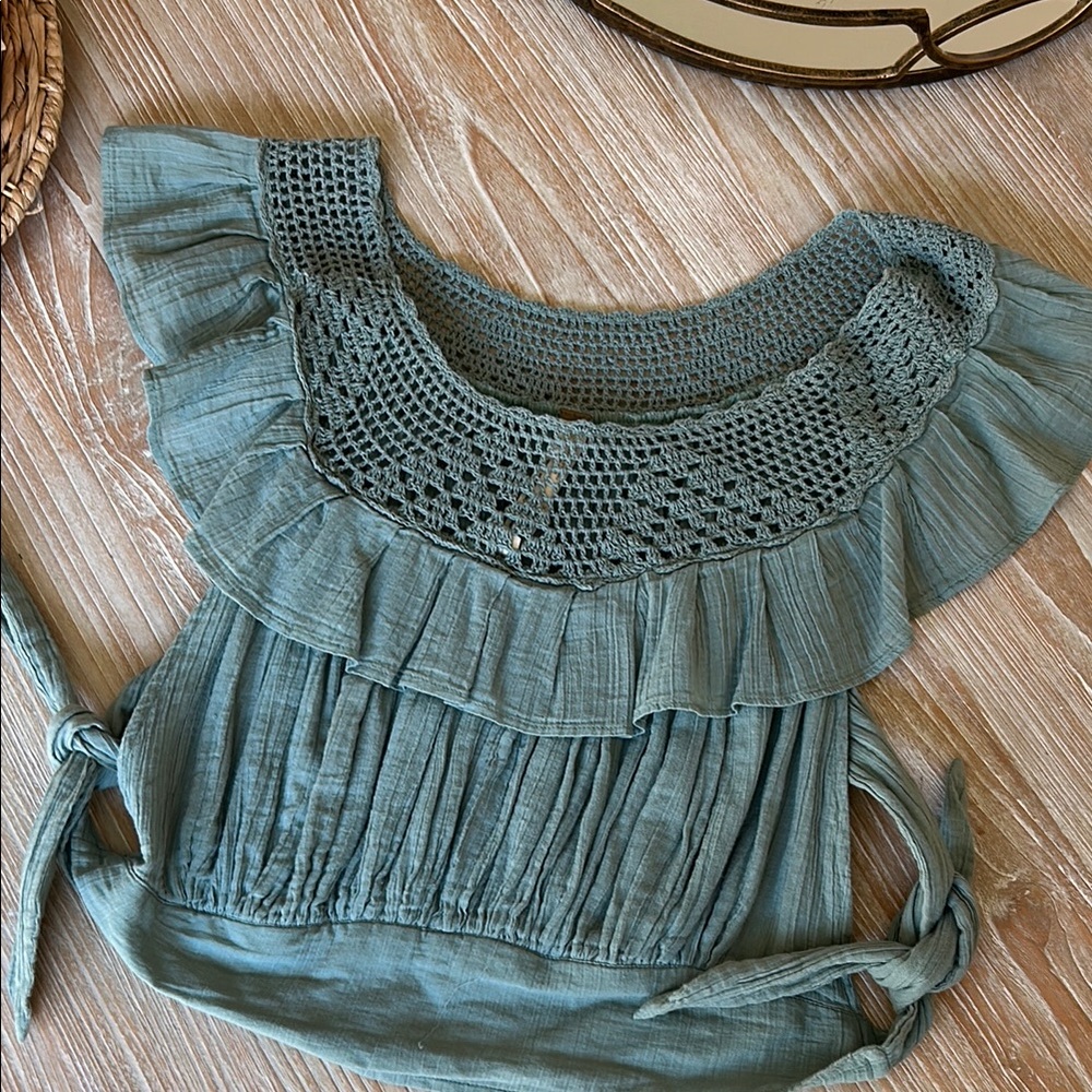 Elegant Green Crochet Ruffle Top free people